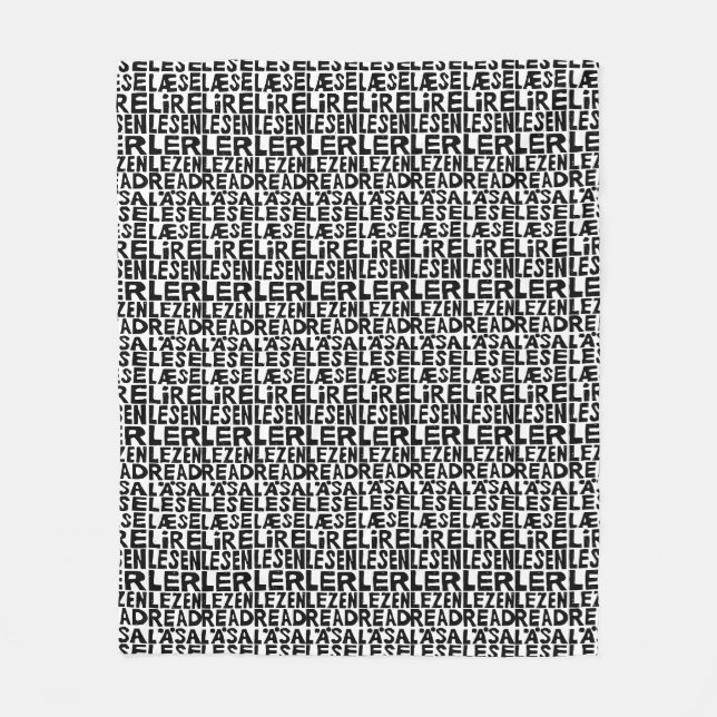 Black and White "Read" in 8 Languages Lino Cut Fleece Blanket (Front)