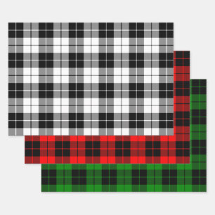 Black and White, Red and Green Plaid Pattern Wrapping Paper Sheet