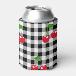 Black and White Red Cherry Gingham Pattern Can Cooler