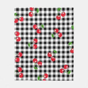 Black and White Red Cherry Gingham Pattern Fleece Blanket