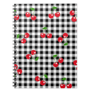 Black and White Red Cherry Gingham Pattern Notebook