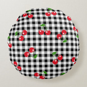 Black and White Red Cherry Gingham Pattern Round Cushion