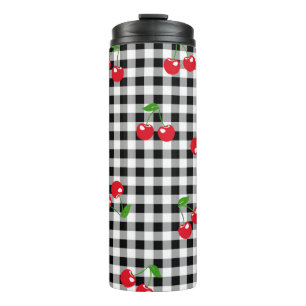 Black and White Red Cherry Gingham Pattern Thermal Tumbler