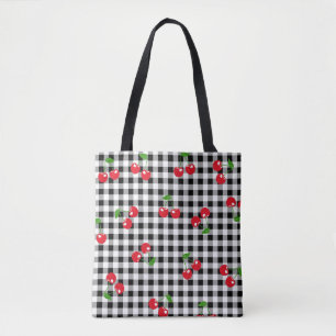 Black and White Red Cherry Gingham Pattern Tote Bag