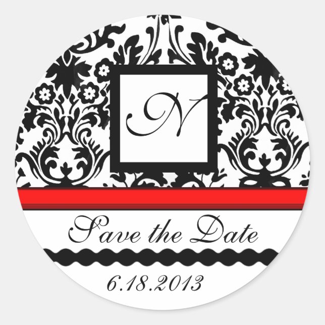 BLACK AND WHITE RED  DAMASK MONOGRAM,Save The Date Classic Round Sticker (Front)