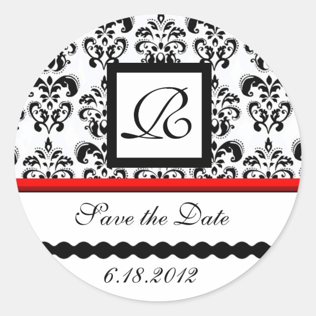 BLACK AND WHITE RED  DAMASK MONOGRAM,Save The Date Classic Round Sticker (Front)