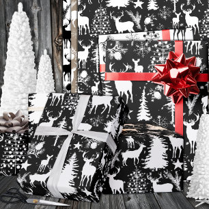 Black And White Reindeer Woodland Forest Modern Wrapping Paper Sheet