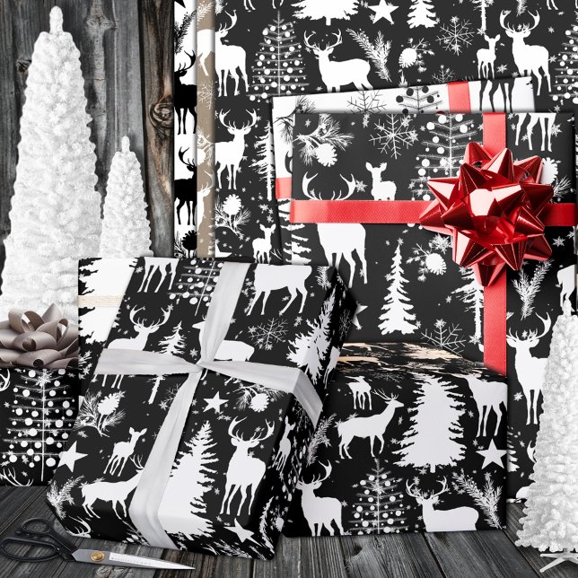 Black And White Reindeer Woodland Forest Modern Wrapping Paper Sheet (Black And White Woodland Forest Reindeer Wrapping Paper In A Three Sheet Trio Pack)