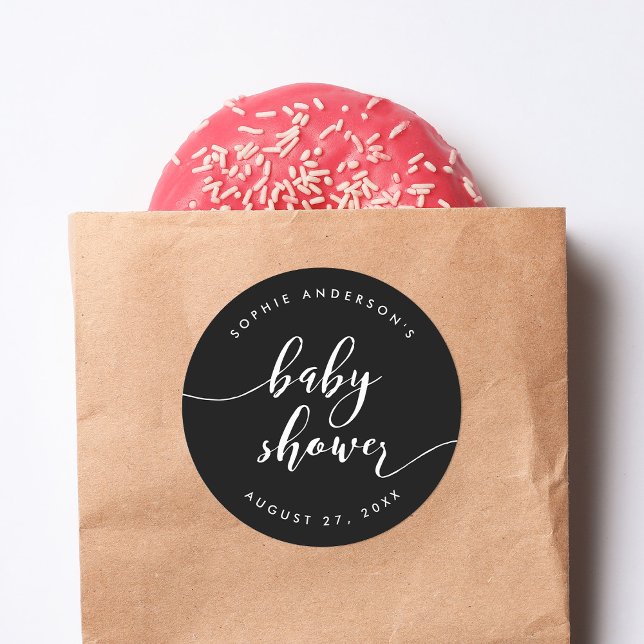 Black and White Relax Script Baby Shower Classic Round Sticker (Creator Uploaded)