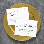 Black and White Relax Script Save the Date Announcement Postcard<br><div class="desc">Stylish Save the Date postcard featuring the words "Save the Date" in a relax cursive script in black against a white background. Personalise it by replacing the placeholder text. For more options such as to change the font and it's size/colour or the spacing between letters click the "Customise" button. *Please...</div>