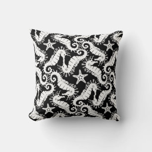 Black And White Repeating Motif Seahorse Pattern Cushion