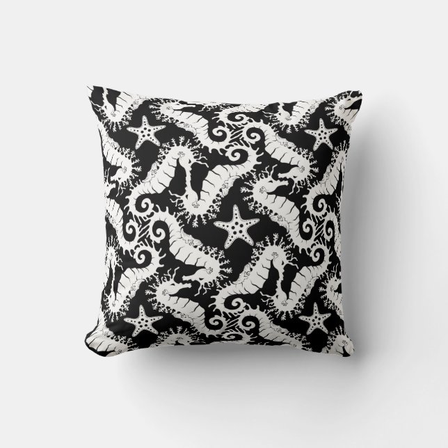 Black And White Repeating Motif | Seahorse Pattern Cushion (Front)