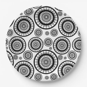 Black and White Repeating Wheel Pattern Paper Plate