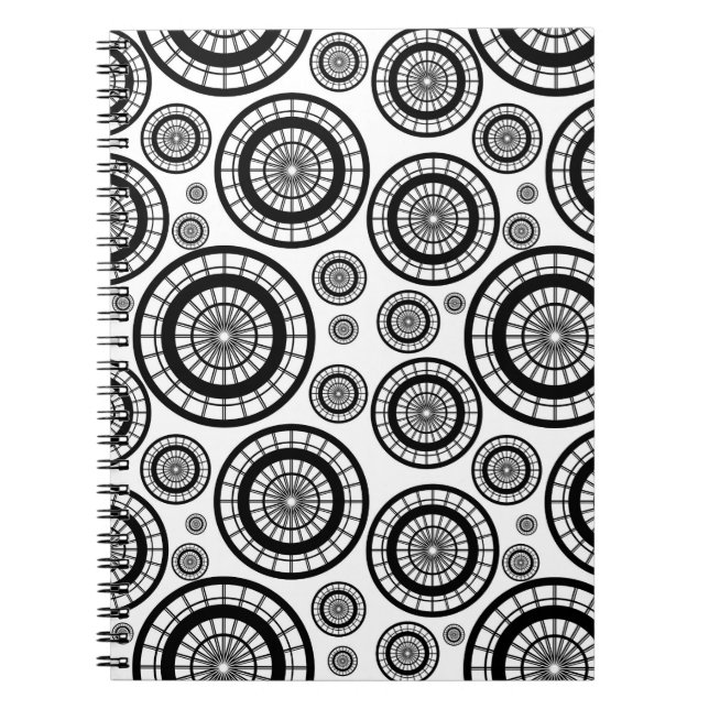 Black and White Repeating Wheel Pattern Spiral Notebook (Front)