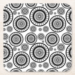 Black and White Repeating Wheel Pattern Square Paper Coaster