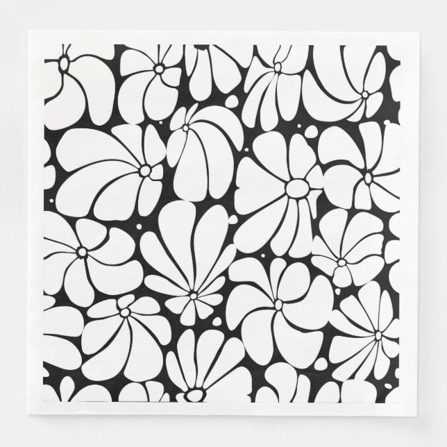 Black And White Retro 70s Flower Graphic Design Napkin (Front)