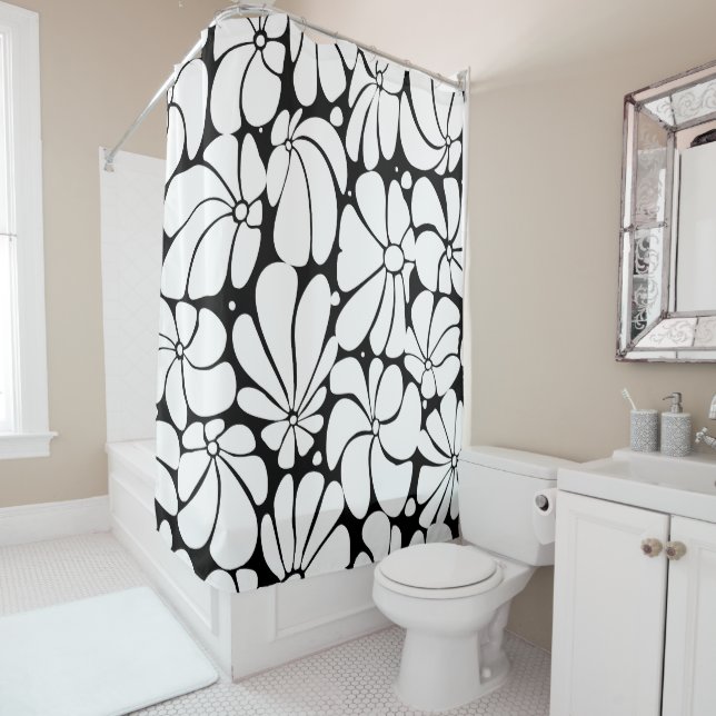Black And White Retro 70s Flower Graphic Design Shower Curtain (In Situ)