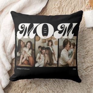 Black and White Retro Bold Mom 3 Photo Collage Cushion