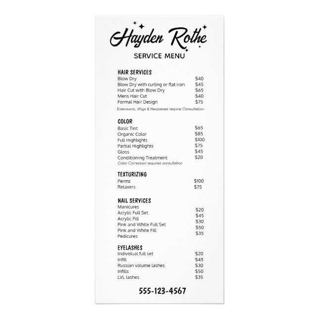 Black and White  Retro Calligraphy and Stars Rack Card (Front)