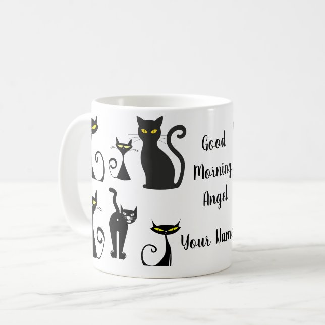 Black and White Retro Cat Pattern with Typography Coffee Mug (Front Left)