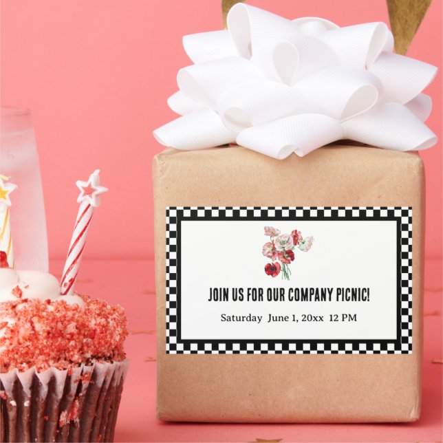 Black and White Retro Chequerboard Company Picnic Rectangular Sticker (Party)