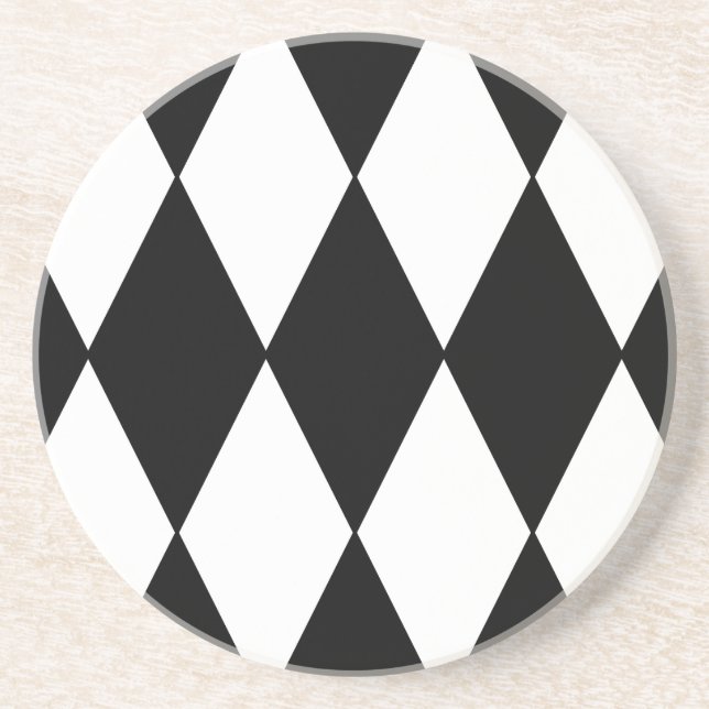 Black and White Retro Chequered Diamond Pattern Coaster (Front)