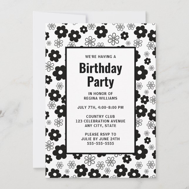 Black and White Retro Floral Birthday Invitation  (Front)