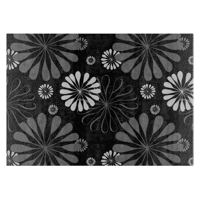 Black and White Retro Floral Cutting Board (Front)