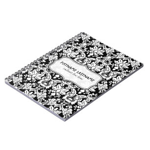Black And White Retro Floral Damasks Pattern Spiral Notebook