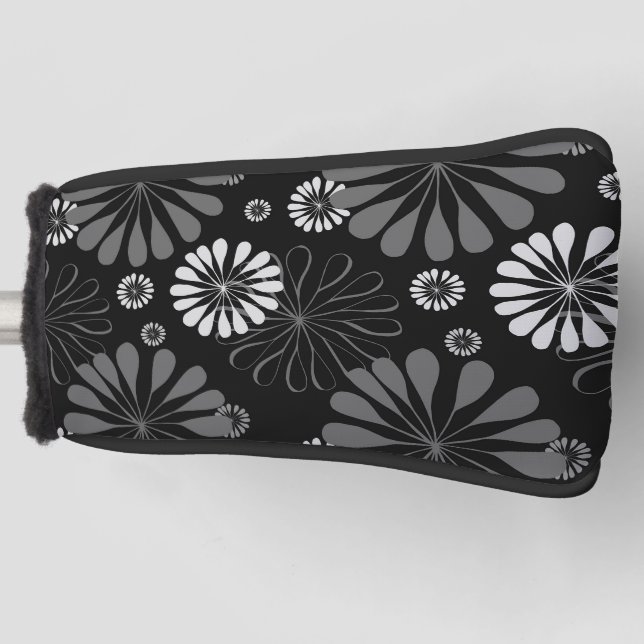 Black and White Retro Floral Golf Head Cover (Front)