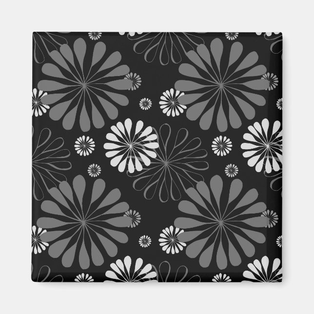 Black and White Retro Floral Magnet (Front)