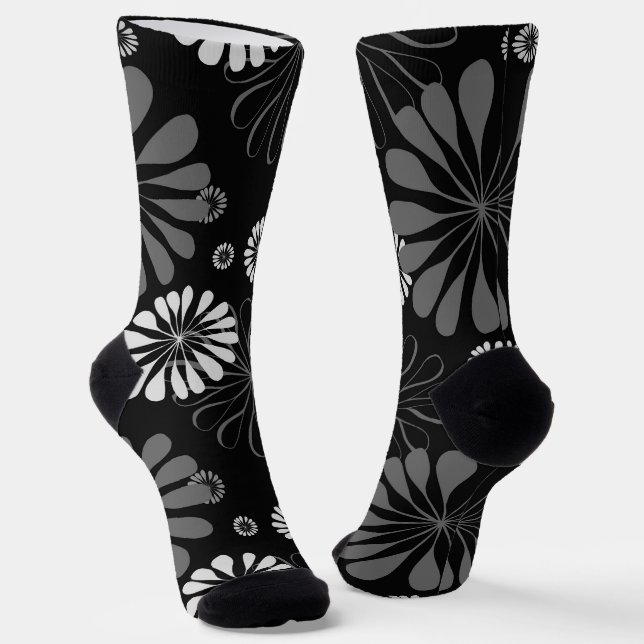 Black and White Retro Floral Socks (Angled)