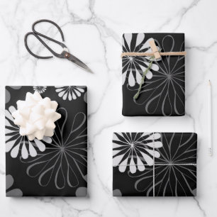 Black and White Retro Floral Wrapping Paper Sheet