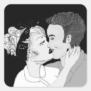 Black and White Retro Kissing Couple Square Sticker