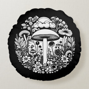 Black and White Retro Mushrooms and Flowers Round Cushion