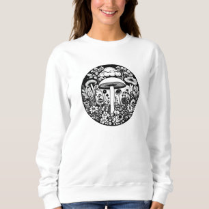 Black and White Retro Mushrooms and Flowers Sweatshirt