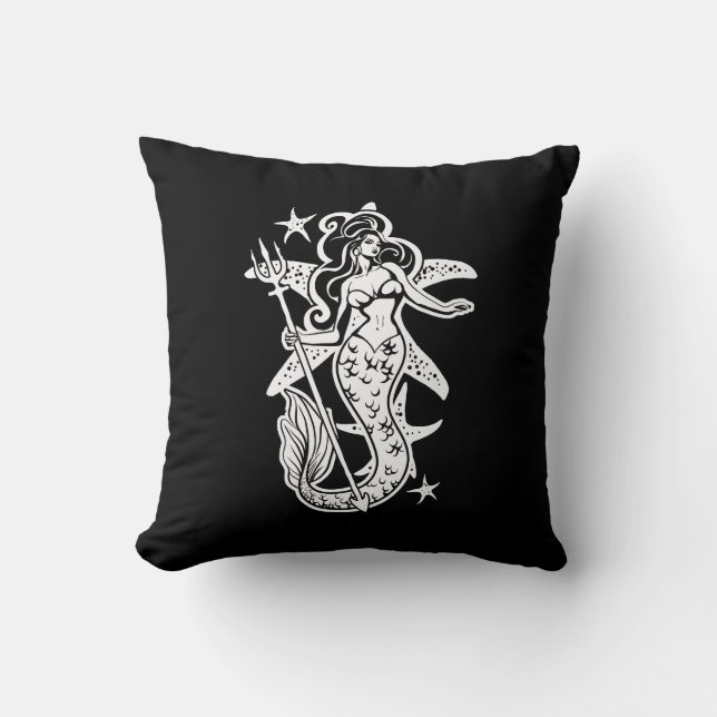 Black And White Retro Pin-Up Mermaid Cushion (Front)