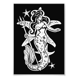 Black And White Retro Pin-Up Mermaid Photo Print