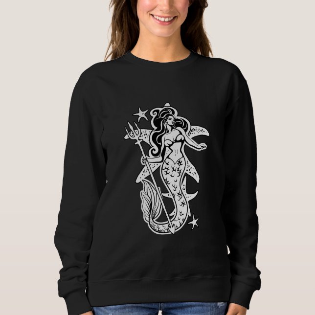 Black And White Retro Pin-Up Mermaid Sweatshirt (Front)