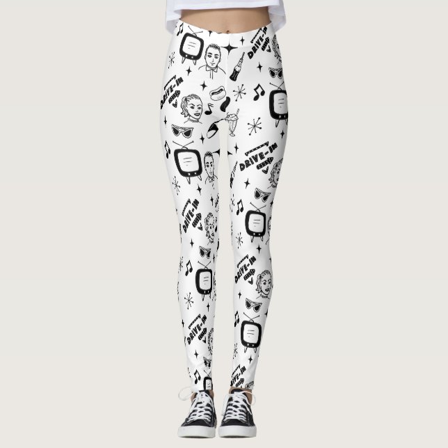 Black and White Retro Pop Art Style Nostalgic Leggings (Front)