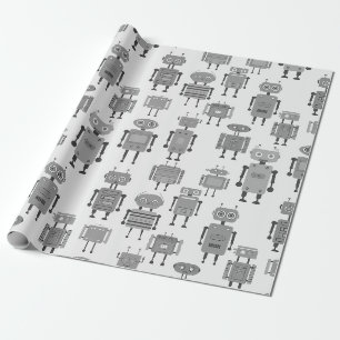 Black and White Retro Robots Wrapping Paper