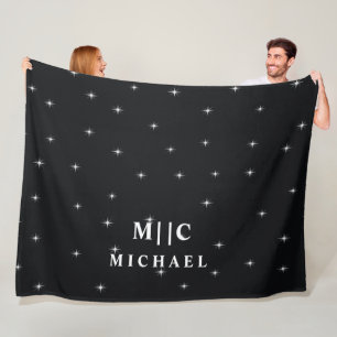 black and white retro stars modern monogram fleece blanket