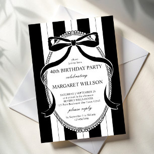 Black and white retro stripes bow birthday party invitation