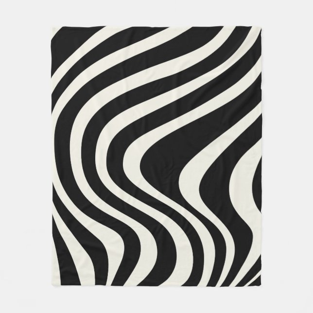 Black and white retro style waves fleece blanket (Front)