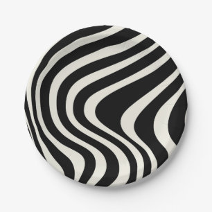Black and white retro style waves paper plate