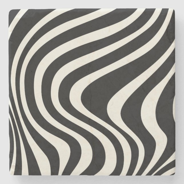Black and white retro style waves stone coaster (Front)