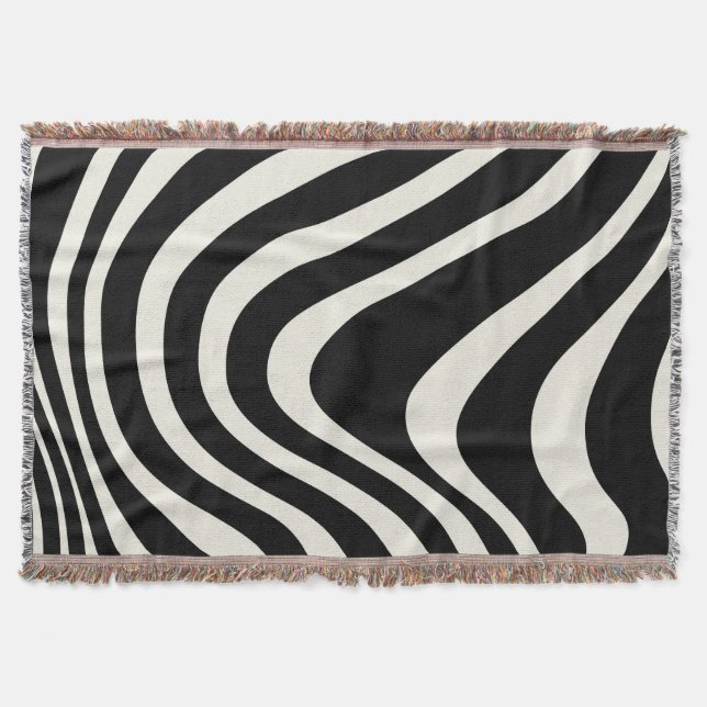 Black and white retro style waves throw blanket (Front)