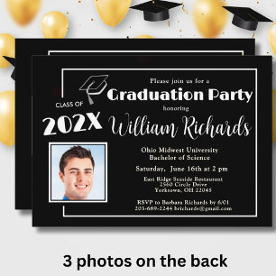 Black and White Retro Text Photos Graduation Party Invitation