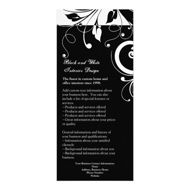 Black and White Reverse Swirl RackCard Ad or Menu (Front)