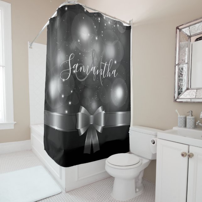 Black and White Ribbon Shower Curtain (In Situ)